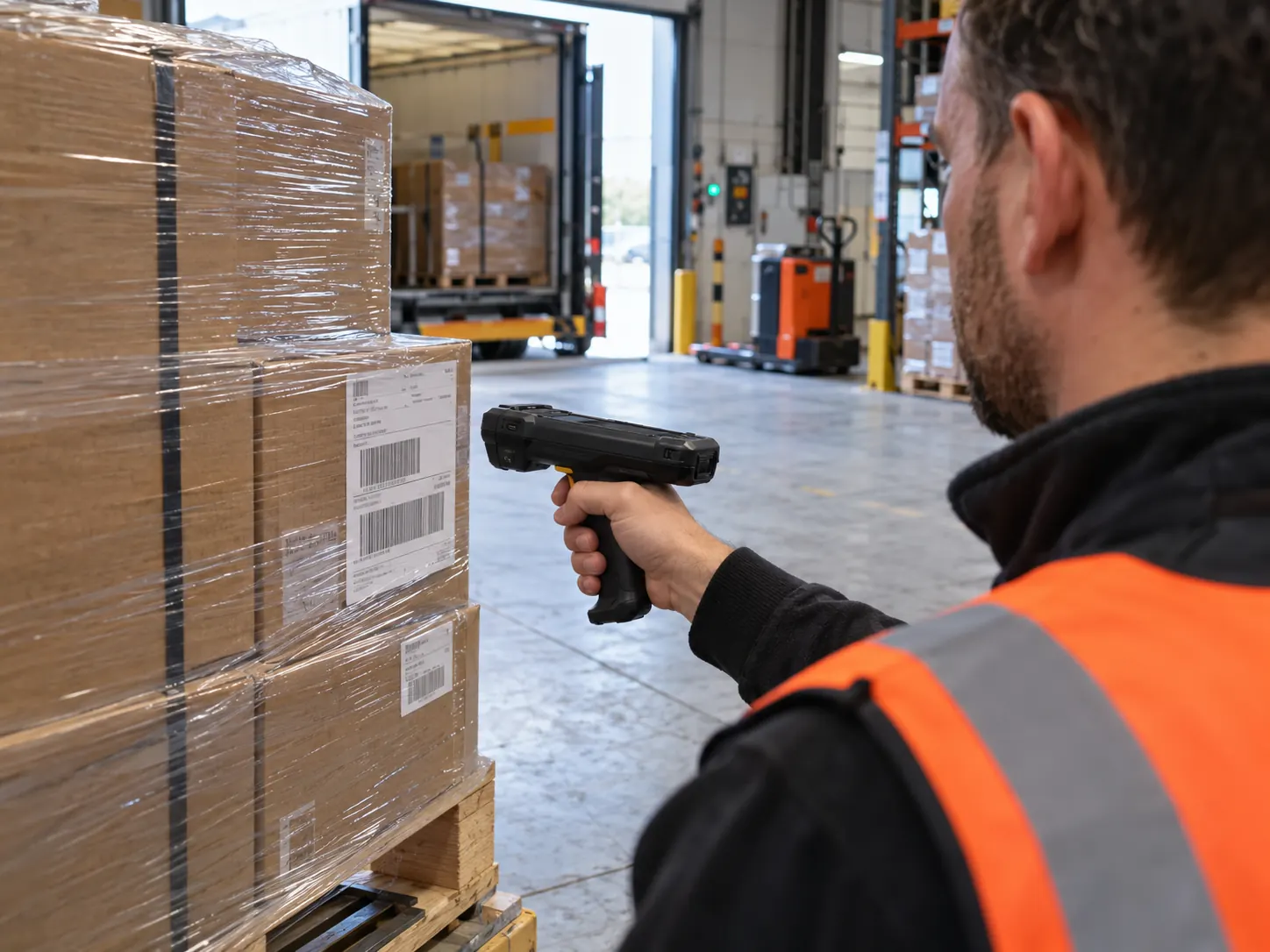 Medewerker scant met een handscanner de barcode op een gepalletiseerde zending bij de goederenontvangst